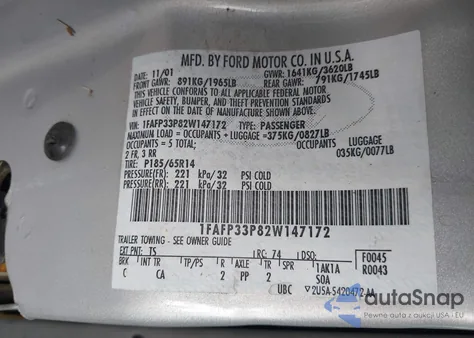 2002 Ford Focus Lx from USA, damaged, VIN 1FAFP33P82W147172